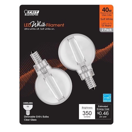 Feit Electric Feit White G16.5 E12 (Candelabra) Filament LED Bulb Soft White 40 Watt Equivalence 2 pk BPG1640927WFIL2